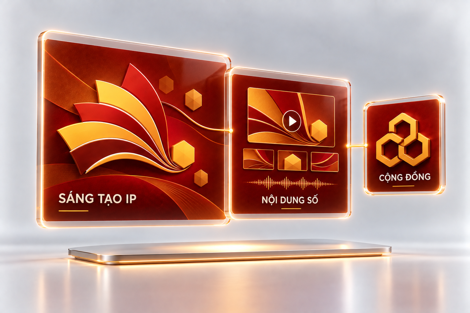 Ba màn hình kính nổi thể hiện Sáng tạo IP, Nội dung số và Cộng đồng theo phong cách sơn mài đỏ